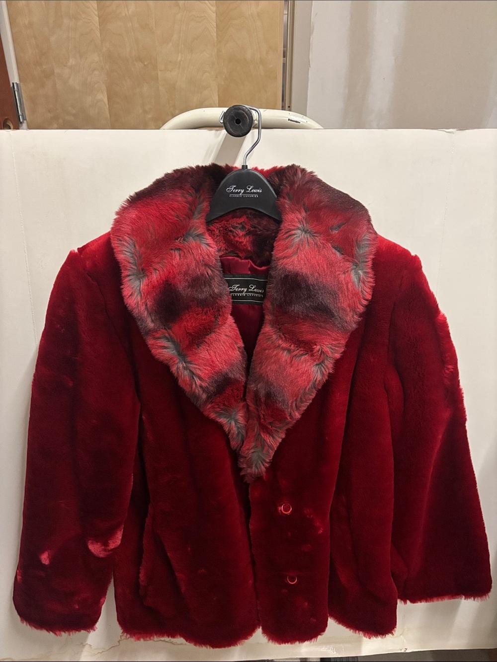 Terry Lewis Classic Luxuries Red Faux Fur Jacket with Patterned Shawl Collar